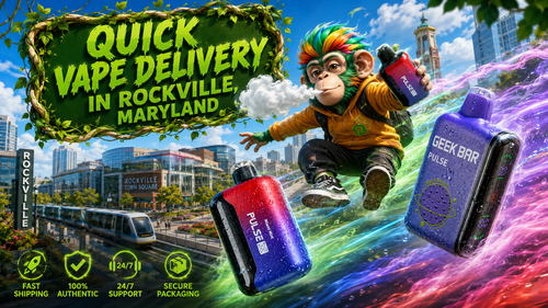 A vibrant promotional banner for Vapor Puffs featuring quick vape delivery in Rockville, Maryland. The image showcases colorful disposable vape devices flying through the city with dynamic energy trails alongside a cheerful mascot holding a vape. The background highlights recognizable Rockville landmarks, while icons emphasize fast shipping, authentic products, 24/7 support, and secure packaging, promoting a reliable online vape shop with fast delivery.