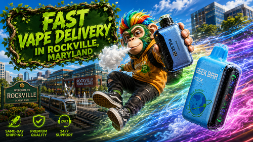 A colorful promotional banner advertising fast vape delivery in Rockville, Maryland. The image features a playful mascot holding a Geek Bar Pulse X disposable vape while flying through the city with vibrant energy trails. Two premium disposable vape devices with water droplets are showcased against a modern Rockville skyline, alongside icons highlighting same-day shipping, premium quality, and 24/7 customer support for a trusted online vape shop.