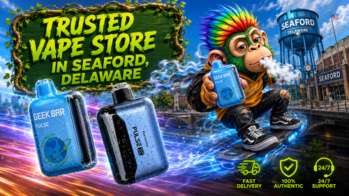 Trusted Vape Store in Seaford, Delaware – Fast Vape Delivery A vibrant promotional banner for Vapor Puffs featuring Geek Bar disposable vapes with water droplets, a colorful cartoon mascot riding a futuristic hoverboard, and the iconic Seaford, Delaware water tower in the background. The image highlights trusted vape delivery in Seaford, DE with fast shipping, authentic products, 24/7 customer support, and a modern cityscape enhanced by dynamic energy trails.
