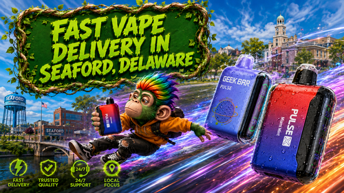 Fast Vape Delivery in Seaford, Delaware – Premium Disposable Vapes A colorful promotional banner showcasing fast vape delivery in Seaford, Delaware, featuring premium Geek Bar Pulse and Pulse X disposable vapes with realistic water droplets and a playful mascot racing through the city on vibrant energy trails. The background highlights recognizable Seaford landmarks, including the famous water tower and historic downtown architecture, emphasizing fast shipping, trusted quality, local service, and 24/7 customer support from Vapor Puffs.
