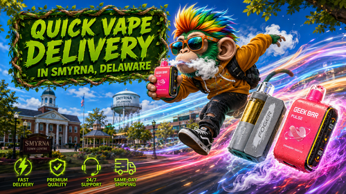 Quick Vape Delivery in Smyrna, Delaware – Fast Shipping & Premium Disposable Vapes A vibrant promotional banner for Vapor Puffs featuring quick vape delivery in Smyrna, Delaware. The image showcases colorful Geek Bar and Foger disposable vapes with water droplets, a dynamic flying mascot holding a vape device, iconic Smyrna landmarks in the background, and glowing service icons highlighting fast delivery, premium quality, 24/7 support, and same-day shipping. The futuristic energy trails emphasize speed, convenience, and reliable online vape delivery.