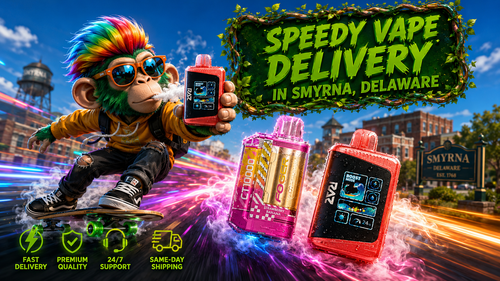 Speedy Vape Delivery in Smyrna, Delaware – Fast Online Vape Shop A colorful promotional banner for Vapor Puffs featuring speedy vape delivery in Smyrna, Delaware. A vibrant skateboard-riding mascot holds a disposable vape while premium ZVI and Foger vape devices with water droplets are surrounded by glowing energy trails and vapor effects. The background showcases recognizable Smyrna landmarks and service icons representing fast delivery, premium quality, 24/7 support, and same-day shipping, emphasizing a reliable online vape shop with quick shipping and a wide selection of disposable vapes.