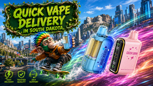 A colorful promotional banner for quick vape delivery in South Dakota, featuring Geek Bar disposable vapes with water droplets flying through a futuristic city. The design includes Mount Rushmore, a cartoon monkey riding a skateboard while holding a vape, vivid energy trails, and service icons for fast delivery, trusted quality, and 24/7 support.