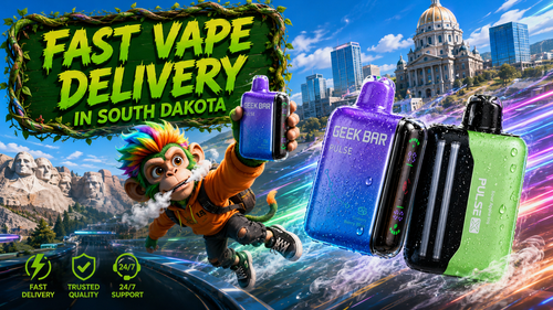 A vibrant promotional banner for fast vape delivery in South Dakota featuring Geek Bar Pulse disposable vapes with sparkling water droplets racing through a futuristic city. The artwork includes Mount Rushmore, the South Dakota State Capitol, a colorful cartoon monkey holding a vape, dynamic neon energy trails, and service icons highlighting fast delivery, trusted quality, and 24/7 customer support.