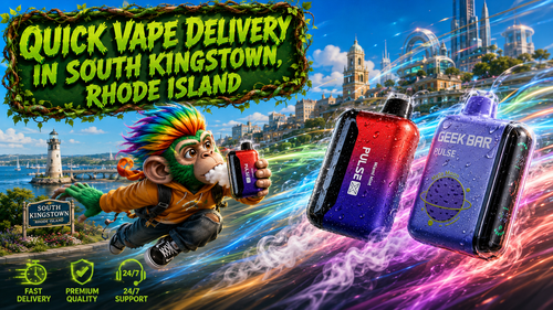 Quick Vape Delivery in South Kingstown, Rhode Island – Premium Disposable Vapes Online A colorful promotional banner for Vapor Puffs advertising quick vape delivery in South Kingstown, Rhode Island. The image features a playful flying mascot holding a disposable vape while premium Geek Bar Pulse and Pulse X devices race across the scene with vibrant energy trails, swirling vapor, and water droplets. The background combines South Kingstown's coastal landmarks with a futuristic cityscape, highlighting fast shipping, premium quality, and 24/7 customer support from a trusted online vape shop.