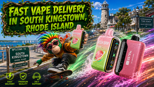 Fast Vape Delivery in South Kingstown, Rhode Island – Premium Disposable Vapes A vibrant promotional banner for Vapor Puffs featuring fast vape delivery in South Kingstown, Rhode Island. The artwork showcases premium disposable vapes speeding through the city with colorful energy trails and water droplets, while a fun skateboarding mascot holds a Geek Bar device. The background highlights recognizable South Kingstown landmarks and coastal scenery, emphasizing fast shipping, premium quality, and 24/7 customer support for online vape shoppers.