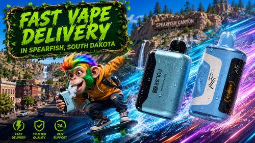 A dynamic promotional banner featuring fast vape delivery in Spearfish, South Dakota, with premium disposable vapes speeding through a vibrant futuristic cityscape inspired by Spearfish Canyon. A colorful mascot rides a hoverboard while holding a vape, surrounded by glowing energy trails, water droplets, and service icons representing fast delivery, trusted quality, and 24/7 customer support.