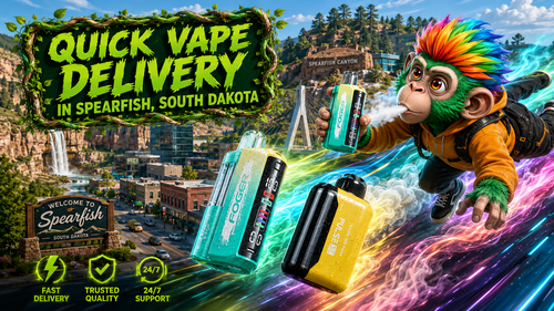A vibrant promotional banner showcasing fast vape delivery in Spearfish, South Dakota. The image features premium disposable vapes racing through a colorful futuristic skyline inspired by Spearfish Canyon, accompanied by a playful flying mascot, glowing energy trails, and service icons highlighting fast delivery, trusted quality, and 24/7 support.