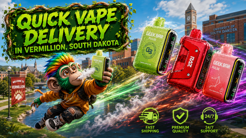 A colorful promotional banner featuring Geek Bar and RAZ disposable vapes flying through Vermillion, South Dakota, with vibrant energy trails and water droplets. A playful monkey character holds a vape in front of the University of South Dakota campus, while service icons highlight fast shipping, premium quality, and 24/7 support.