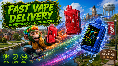 A vibrant promotional banner showcasing RAZ disposable vapes racing through Vermillion, South Dakota, surrounded by colorful energy trails, splashing water, and sparkling droplets. A cheerful monkey rides a skateboard while holding a RAZ vape, with the University of South Dakota campus, the Vermillion water tower, and local landmarks in the background, highlighting fast shipping, premium quality, and 24/7 customer support.
