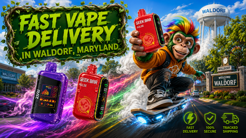 A colorful promotional banner showcasing fast vape delivery in Waldorf, Maryland, with premium disposable vape devices surrounded by vibrant energy trails and water droplets. A cheerful mascot rides a futuristic hoverboard while holding a Geek Bar Pulse vape, with the Waldorf water tower and Welcome to Waldorf sign creating a recognizable local setting. Bright service icons emphasize fast delivery, secure shopping, and tracked shipping, highlighting the convenience of ordering from a trusted online vape shop.