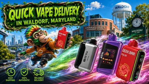 A vibrant promotional banner featuring colorful disposable vape devices racing through Waldorf, Maryland with glowing energy trails, symbolizing quick and reliable vape delivery. A playful mascot holds a Geek Bar Pulse vape while iconic Waldorf landmarks, including the Charles County Government Building and the Waldorf water tower, create a recognizable local backdrop. Bright service icons highlight fast shipping, authentic products, and dependable delivery, emphasizing the convenience of ordering from an online vape shop.