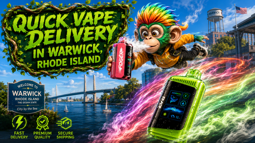 A vibrant promotional banner featuring fast vape delivery in Warwick, Rhode Island. The image showcases colorful disposable vape devices with water droplets, a flying mascot holding a Foger vape, iconic Warwick landmarks, and bold green typography highlighting quick delivery, premium quality, and secure shipping.