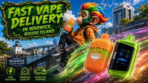 A colorful promotional banner advertising fast vape delivery in Warwick, Rhode Island, featuring premium disposable vapes with water droplets and vibrant energy trails. A playful mascot holds a Packspod vape while iconic Warwick landmarks create the backdrop, highlighting same-day shipping, premium quality, and reliable delivery from Vapor Puffs.
