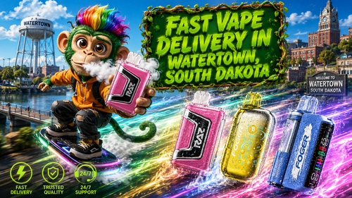 A vibrant promotional banner for Vapor Puffs featuring fast vape delivery in Watertown, South Dakota. A colorful cartoon mascot rides a futuristic hoverboard while holding a pink RAZ disposable vape. Three premium disposable vapes&mdash;RAZ, Foger, and another Foger device&mdash;appear with realistic water droplets and glowing energy trails. The background showcases recognizable Watertown landmarks, including the iconic Watertown water tower and downtown skyline, alongside a bold green vine-framed sign reading "Fast Vape Delivery in Watertown, South Dakota." The design also highlights fast delivery, trusted quality, and 24/7 support, emphasizing a modern online vape shop with a wide selection and competitive prices.