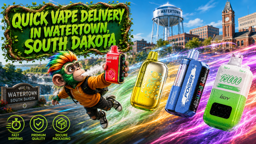 A colorful promotional banner advertising quick vape delivery in Watertown, South Dakota. The artwork features a cheerful cartoon mascot flying through the air while holding a red Geek Bar Pulse disposable vape. Four premium disposable vapes&mdash;Geek Bar Pulse, two Foger devices, and an iJoy vape&mdash;are displayed with sparkling water droplets and vibrant rainbow energy trails. The background showcases recognizable Watertown landmarks, including the iconic Watertown water tower, the Codington County Courthouse, and the Welcome to Watertown sign. A bold green vine-framed headline reads "Quick Vape Delivery in Watertown, South Dakota," while icons highlight fast shipping, premium quality, and secure packaging, promoting a trusted online vape shop with low prices and a wide selection.