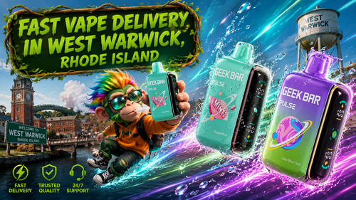 Fast Vape Delivery in West Warwick, Rhode Island A vibrant promotional banner for Vapor Puffs featuring fast vape delivery in West Warwick, Rhode Island. The artwork showcases three Geek Bar Pulse disposable vapes surrounded by dynamic water splashes and colorful energy trails, with a futuristic cityscape blended with recognizable West Warwick landmarks, including the iconic water tower and historic mill buildings. A playful rainbow-haired mascot holds a Geek Bar device while flying through the scene, emphasizing speed and excitement. The banner also highlights trusted quality, fast delivery, and 24/7 support, making it an eye-catching advertisement for online vape delivery in Rhode Island.