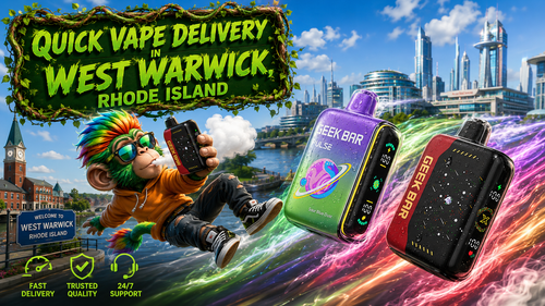Quick Vape Delivery in West Warwick, Rhode Island A colorful promotional banner for Vapor Puffs showcasing quick vape delivery in West Warwick, Rhode Island. The design features three Geek Bar Pulse disposable vapes with realistic water droplets, vibrant energy trails, and a futuristic city skyline combined with iconic West Warwick landmarks, including the historic clock tower and the Welcome to West Warwick sign. A playful rainbow-haired mascot holds a Geek Bar device while flying across the scene, reinforcing the idea of fast shipping and premium service. The banner also highlights fast delivery, trusted quality, and 24/7 customer support, promoting a convenient online vape shop with a wide selection of disposable vapes for customers throughout Rhode Island.