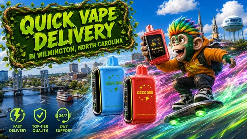 A vibrant promotional banner for quick vape delivery in Wilmington, North Carolina, featuring colorful Geek Bar disposable vapes with water droplets, an energetic cartoon monkey riding a futuristic hoverboard, and recognizable Wilmington scenery in the background. The image also highlights fast delivery, top-tier quality, and 24/7 support with bright service icons.