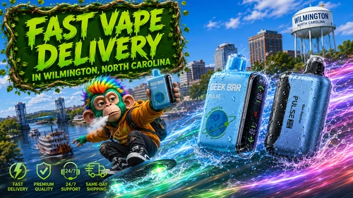 A dynamic promotional banner showcasing fast vape delivery in Wilmington, North Carolina, featuring Geek Bar Pulse disposable vapes with realistic water droplets, a colorful cartoon monkey riding a futuristic hoverboard while holding a vape device, and iconic Wilmington landmarks in the background. Bright energy trails, splashing water effects, and service icons emphasizing fast delivery, premium quality, 24/7 support, and same-day shipping create a vibrant and eye-catching advertisement.