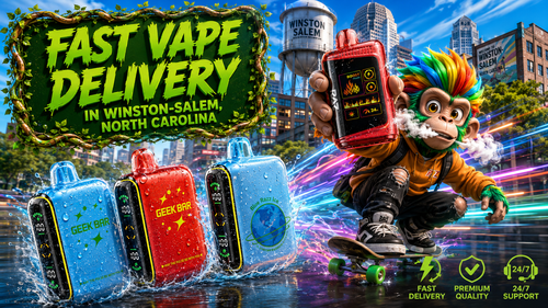 A vibrant promotional banner for vape delivery in Winston-Salem, North Carolina, featuring colorful disposable Geek Bar and RAZ vape devices covered in water droplets. A cartoon monkey with rainbow-colored hair rides a skateboard through a futuristic daytime city scene, holding a red vape device, while neon speed trails emphasize fast service. The design includes a green vine-framed headline and service icons representing fast delivery, premium quality, and 24/7 support.