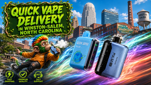 A colorful promotional banner advertising quick vape delivery in Winston-Salem, North Carolina. The image features two blue Geek Bar disposable vape devices with water droplets flying through the city, leaving vibrant multicolored energy trails behind them. A playful rainbow-haired monkey character enjoys a vape while floating through the scene, with recognizable Winston-Salem landmarks in the background. The design is completed with a green vine-framed headline and service icons highlighting fast shipping, premium quality, and 24/7 customer support.