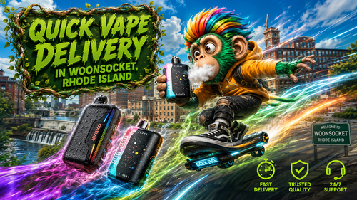 A colorful promotional banner for vape delivery in Woonsocket, Rhode Island, featuring a cartoon monkey riding a futuristic hoverboard through a bright daytime cityscape. The character holds a Geek Bar disposable vape while several water-covered devices fly beside him with vivid energy trails. A large green vine-framed sign reads &ldquo;Quick Vape Delivery in Woonsocket, Rhode Island,&rdquo; and service icons highlight fast delivery, trusted quality, and 24/7 support.