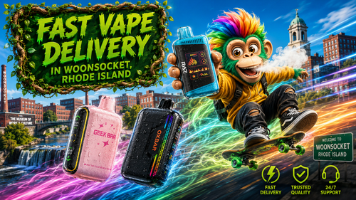 A futuristic promotional banner featuring premium disposable vapes with sparkling water droplets flying through a neon-lit city inspired by Woonsocket, Rhode Island. A smiling delivery character holds a modern vape device while colorful energy trails follow the products through the night skyline. The background includes recognizable local landmarks, glowing streets, and icons representing fast shipping, premium quality, and reliable service. Large green vine-framed lettering reads "Fast Vape Delivery in Woonsocket, Rhode Island," highlighting the convenience of ordering authentic disposable vapes online with same-day shipping and delivery within 1&ndash;5 business days.