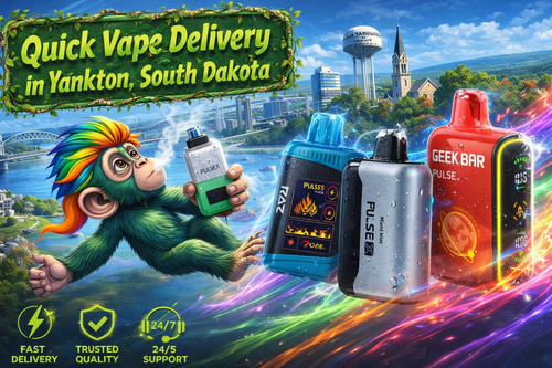 A vibrant promotional banner for Vapor Puffs featuring quick vape delivery in Yankton, South Dakota. The image showcases several premium disposable vapes with realistic water droplets, including colorful Geek Bar-style devices, flying through a futuristic cityscape with glowing trails of energy. A cheerful green mascot holds a vape device while iconic Yankton landmarks, including the Missouri River, the Yankton water tower, and a historic church, appear in the background. The design also highlights fast delivery, trusted quality, and customer support, emphasizing a wide selection of disposable vapes at competitive prices.