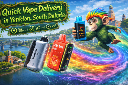 A colorful promotional illustration for Vapor Puffs featuring quick vape delivery in Yankton, South Dakota. Three premium disposable vape devices with realistic water droplets fly above the Missouri River, leaving vibrant rainbow energy trails behind them. A cheerful mascot with rainbow-colored hair holds a blue RAZ disposable vape while soaring across the city skyline. Recognizable Yankton landmarks, including the Meridian Bridge, historic churches, and downtown architecture, create a scenic background. The banner highlights fast service, top quality, and 24/7 support, promoting a wide selection of authentic disposable vapes with same-day shipping and delivery in 1&ndash;5 business days.