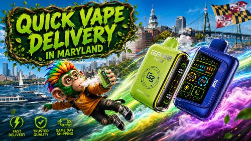 A vibrant promotional banner featuring Geek Bar Pulse and RAZ disposable vapes flying across the Maryland skyline with colorful energy trails. A stylized monkey character holds a vape while iconic Maryland landmarks, the state flag, and service icons highlight fast delivery, trusted quality, and same-day shipping for customers across Maryland.