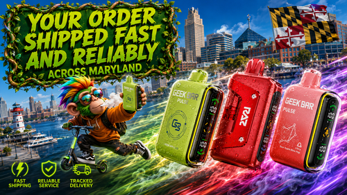 A colorful promotional banner showcasing Geek Bar Pulse and RAZ disposable vapes with water droplets, racing across the Maryland waterfront surrounded by vibrant smoke effects. A playful monkey riding an electric scooter holds a vape while the Maryland flag, city skyline, and shipping icons emphasize reliable vape delivery, fast shipping, and tracked delivery throughout Maryland.