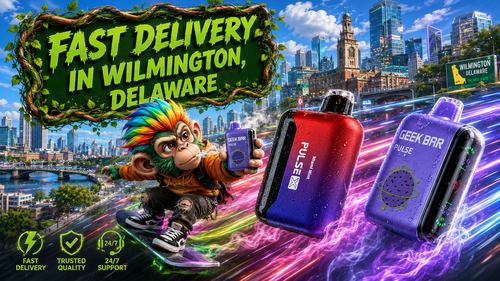 A colorful promotional banner featuring Geek Bar Pulse disposable vapes racing through the Wilmington, Delaware skyline with vibrant neon energy trails and swirling vapor effects. A playful skateboard-riding mascot holds a Geek Bar Pulse device beneath a bold "Fast Delivery in Wilmington, Delaware" sign, emphasizing trusted quality, fast shipping, and 24/7 customer support. The dynamic city backdrop highlights convenient online vape delivery and a premium online vapor store experience.