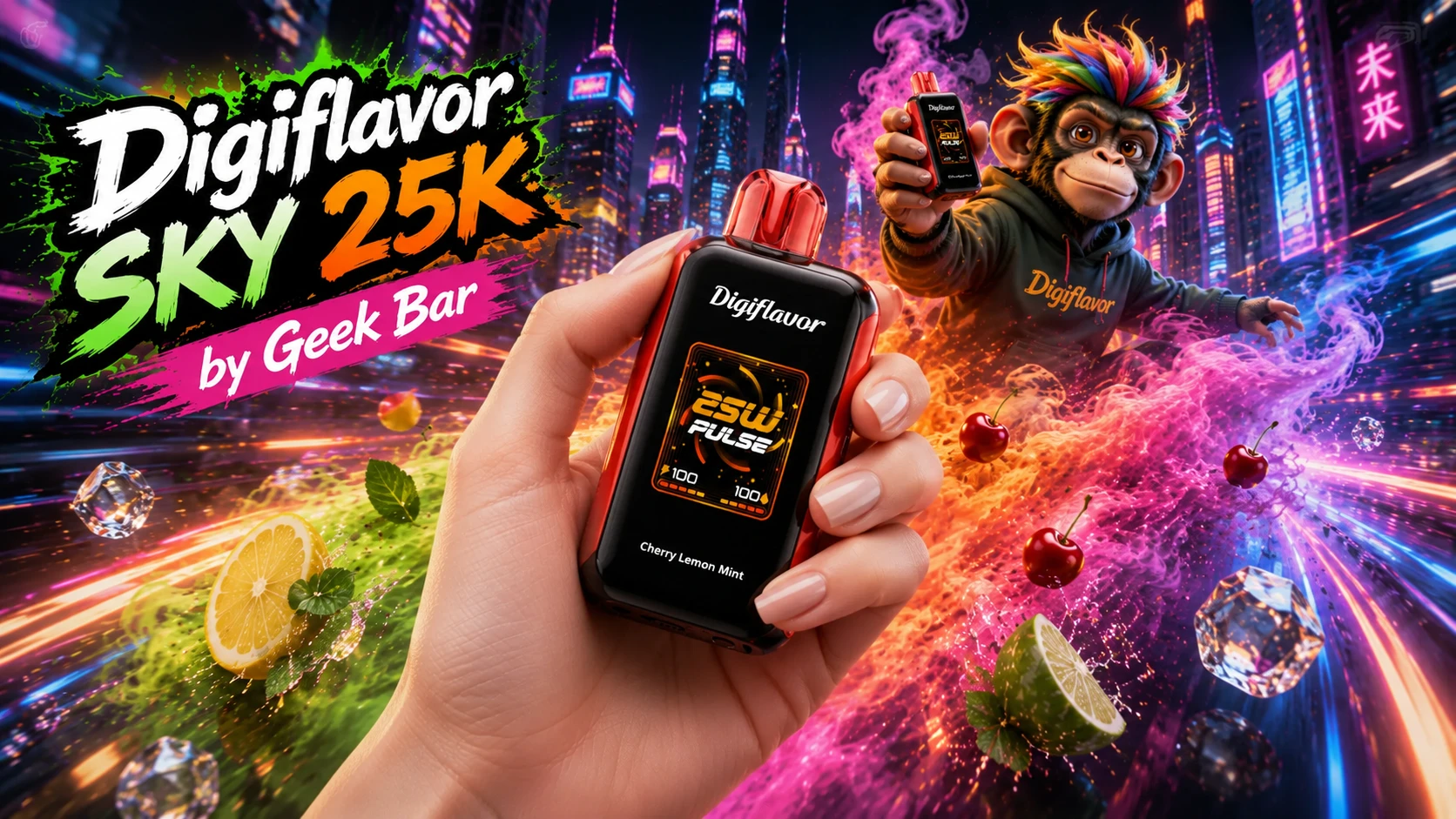 Digiflavor SKY 25K by Geek Bar A colorful promotional image features the Digiflavor SKY 25K by Geek Bar disposable vape in the Cherry Lemon Mint flavor, held in hand against a futuristic neon city backdrop. A vibrant monkey mascot showcases the device while bursts of citrus, cherries, mint leaves, colorful vapor, and glowing energy trails highlight the refreshing flavor profile and premium design.