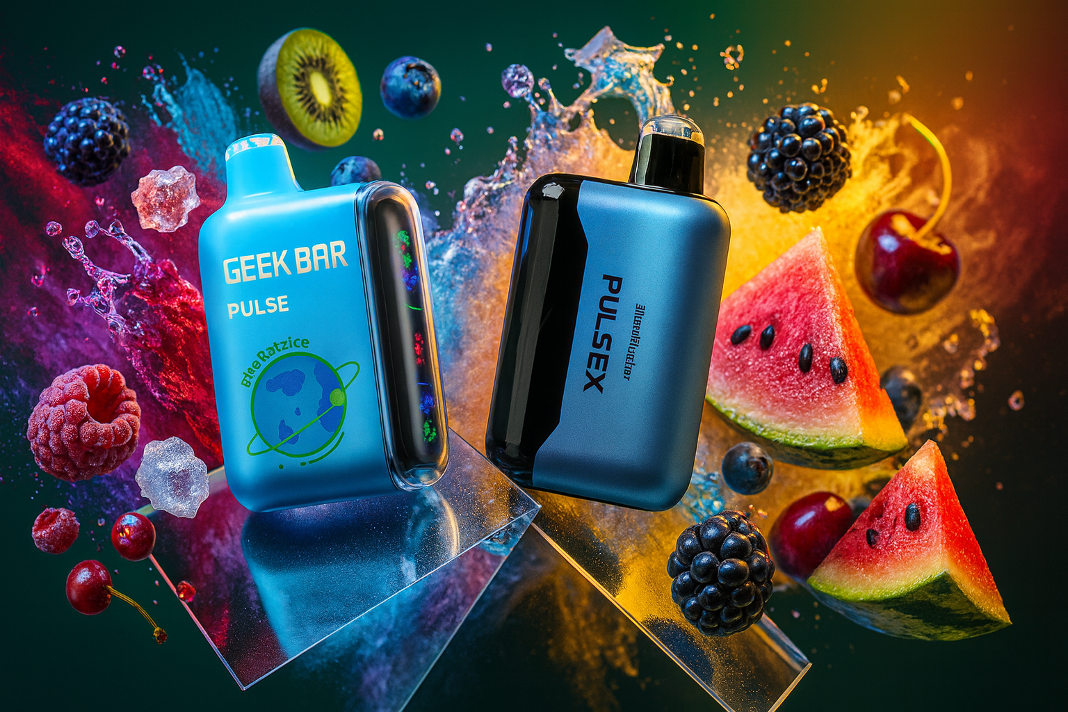 Geek Bar Pulse & Pulse X: The Ultimate Flavor Galaxy A dynamic and high-energy promotional graphic featuring two models of the Geek Bar series—the Pulse and the Pulse X. The devices are showcased in a high-contrast, "cosmic" setting, resting on glowing geometric glass pedestals. The scene is filled with a cinematic explosion of elements, including swirling multi-colored smoke, ice crystals, and hyper-realistic flying fruit such as watermelon wedges, kiwi slices, strawberries, and blackberries. Each device features a sleek, integrated LED display and bold planetary branding, all set against a vibrant background that transitions between fiery oranges and deep, electric blues to emphasize a powerful and refreshing flavor experience.