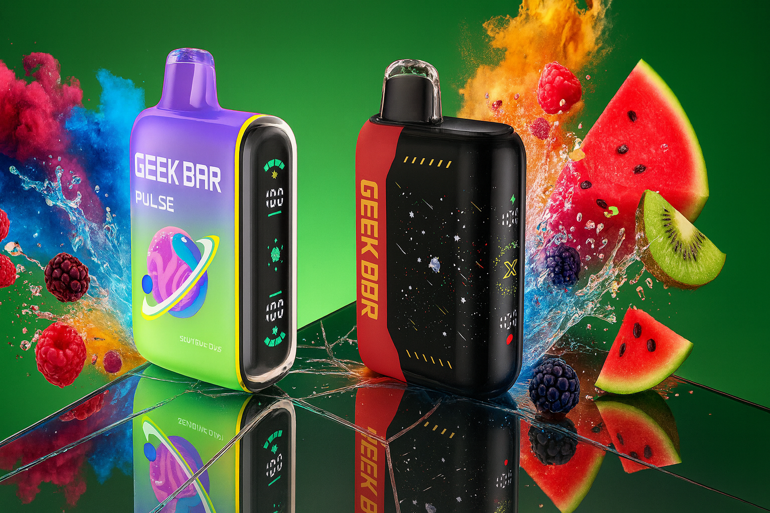 A composite image of two Geek Bar devices showcasing their updated design and LED displays with battery and e-liquid indicators. The visual emphasizes the fruit-and-berry profiles of the product lines through high-quality food accents (watermelon, kiwi, wild berries) and colored smoke effects. The lighting is studio-grade, highlighting the plastic texture and the glossy finish of the displays.