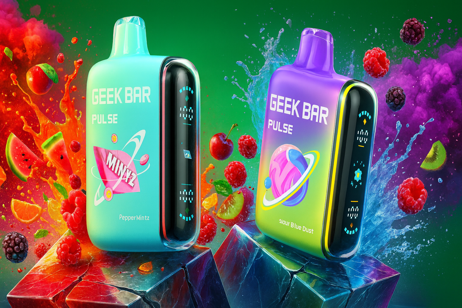 A vibrant and dynamic promotional image featuring two Geek Bar Pulse disposable vapes set against a high-energy, multi-colored background. On the left, a teal-colored device labeled "Pepper Mintz" is surrounded by splashing orange juice, ripe watermelons, and raspberries. On the right, a purple-to-yellow gradient device labeled "Sour Blue Dust" is framed by explosive water splashes and floating berries. Both devices feature sleek LED side displays showing battery and juice levels, resting on crystalline, glowing geometric blocks that enhance the futuristic, "outer space" aesthetic.