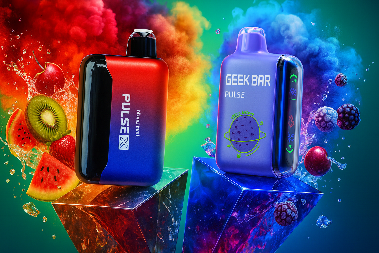 Image Description: A high-impact promotional graphic featuring two sleek vaping devices. On the left is the Pulse X in a striking red-to-blue gradient, and on the right is a purple Geek Bar Pulse featuring a cosmic planet icon. The devices are perched atop glowing, translucent pyramids. A dramatic explosion of colorful smoke&mdash;red, orange, and blue&mdash;fills the background, while hyper-realistic slices of watermelon, kiwi, strawberries, and blackberries splash through the air in a spray of water and ice.