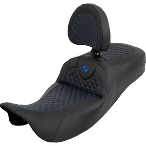 Saddlemen 808-07B-209B1 Dragon Scale Stitch RoadSofa™ Seat Extended Blue Stitch with Backrest Touring '08-'25