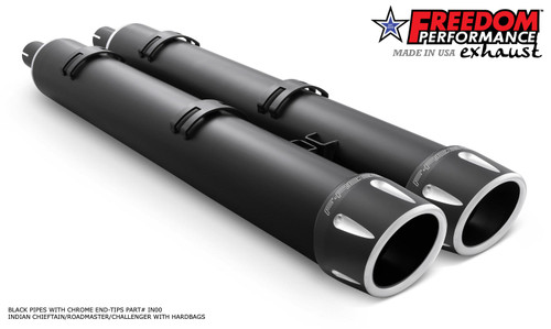 Freedom Performance INDIAN 4" SLIP-ONS FOR CHIEFTAIN/ROADMASTER-CHALLENGER/PURSUIT/ELITE WITH HARD BAGS BUNDLE - IN00060 - BLACK / COMBAT FLUTED / SCULPTED BLACK