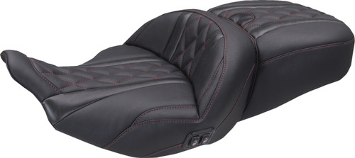 Open Box MUSTANG 89410DC Heated Super Touring One Piece 2-Up Seat - Deluxe Diamond Dark Cherry Stitch FLT/FLH '23-'26