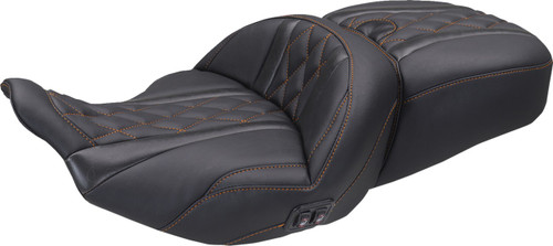 Open Box MUSTANG 89410MO Heated Super Touring One Piece 2-Up Seat - Deluxe Diamond Mandarin Orange Stitch FLT/FLH '23-'26
