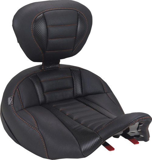 Open Box Mustang 89406MO Deluxe Touring Solo Seat with driver's backrest mandarin orange stitch flh/flt '23-'25