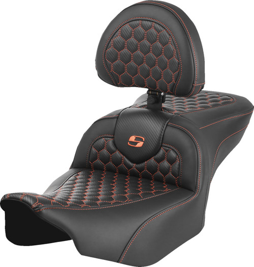 Open Box SADDLEMEN 823-07-189B3 Honeycomb Roadsofa™ Seat - with Backrest Honeycomb Orange Stitch FLTR/FLHX '23-'24