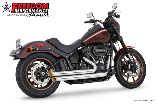 Freedom HD03624: Independence Staggered Duals, Chrome / Slash / Sculpted Gold. Configuration illustration; motorcycle/reference code may differ.
