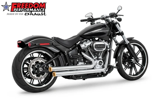 Freedom HD03669: Independence Staggered Duals, Chrome / Straight / Sculpted Gold. Configuration illustration; motorcycle/reference code may differ.