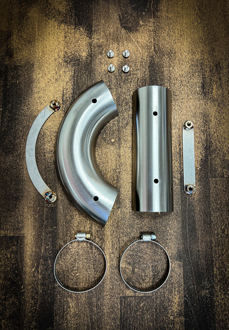 Photo shows stainless; supplied finish is Black. Manufacturer heat-shield set reference; front and rear shields with pictured mounting hardware. Exhaust system not included.