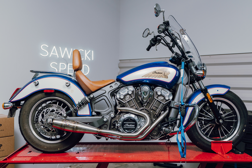 Sawicki Speed 930-01367 brushed mid length exhaust w cannon end cap scout 15-23 rogue bobber sixty 60 69