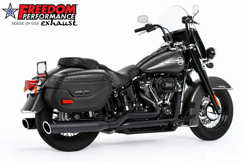 Freedom HD00795 Cat Delete Black True Dual 4" Liberty Exhaust
Harley Davidson M8 Softail 18-25
True dual headers with no crossover
Eliminates catalytic converter
Bike runs cooler, eliminates heat under the rider's left side
Front headers under frame is not restricted or reduced
For small or large motors
1 3/4ﾔ headers and 220ﾺ 16 gauge heavy-duty full coverage 2-1/2ﾔ heat shields
Removable performance baffles or optional quiet baffles
Compatible with many major manufacturers slip-ons
12 & 18 mm O2 ports & plugs provided for early models
Complete with mounting hardware and brackets
Unbeatable performance
The Freedom standard true duals

SADDLE BAG ADAPTER
*REQUIRED FOR
AC00291- M8 FAT BOY/BREAKOUT
AC00249- M8 HERITAGE/ SPORT GLIDE