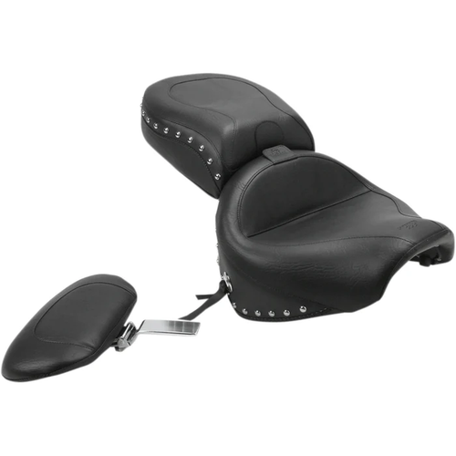Mustang 79190 Wide Touring Seat with Driver Backrest Seat - Wide Touring - With Driver Backrest - Two-Piece - Chrome Studded - Black w/Conchos